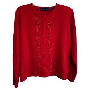 Karen Scott Embroidered Beaded Red Wool Blend Cardigan Sweater Large